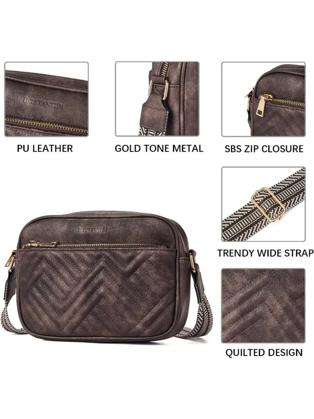Women's Coffee Leather Crossbody Purses Shoulder Handbags with Wide Strap